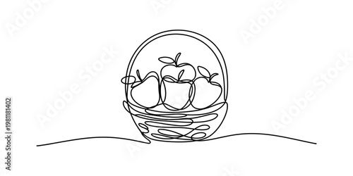 A minimalist single line drawing of a woven basket filled with three fresh apples on a table Vector, illustration