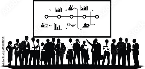 A business presentation is being delivered to a large group of silhouetted professionals in a modern conference setting