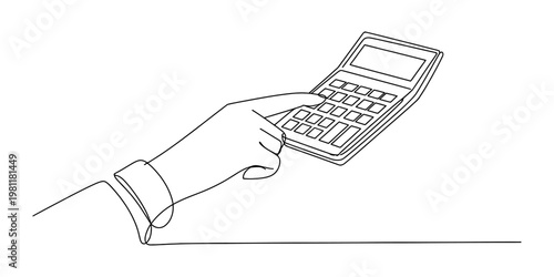 A continuous line drawing of a hand pressing buttons on a simple portable pocket calculator device Vector, illustration