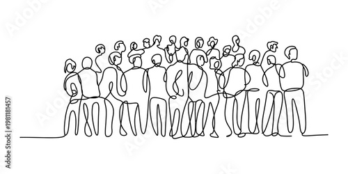 Schilderij op canvas A continuous line drawing depicting a large diverse crowd of people standing together in unity