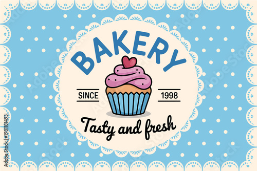 Whimsical bakery logo design featuring a frosted cupcake with a heart topping and playful text