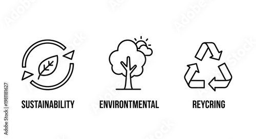 Environmental icons representing sustainability recycling and nature silhouette