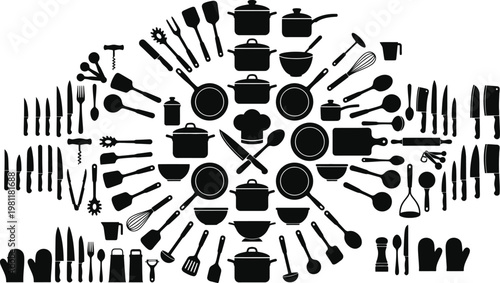 Kitchen utensils and cookware vector graphic illustration with various tools