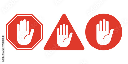 Stop hand gesture icons in different shapes on transparent background