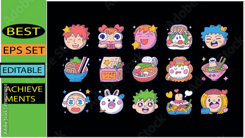 Funny cute anime character faces and food illustrations in doodle style.