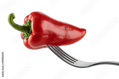Fresh Red Pepper on Fork on Clean White Background