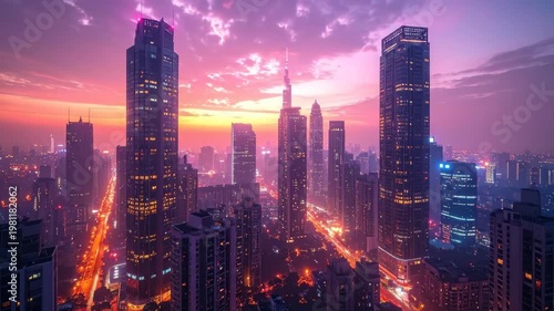 City Skyline at Sunset with Tall Skyscrapers and Vibrant Lights.