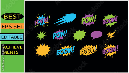 Comic book style sound effects including boom pow and other graphic elements.