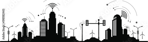 Futuristic cityscape with wireless signals and wind turbines a vision of sustainable technology integration