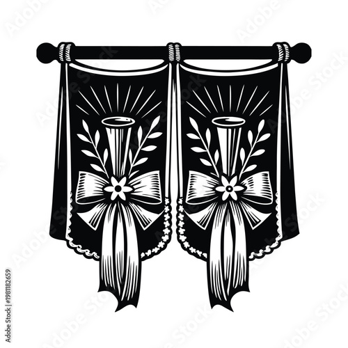 Ornate black vector illustration of draped curtains with bows and floral motifs.