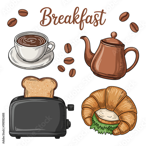 A delicious breakfast spread including a steaming cup of coffee toast in a toaster a croissant sandwich and a teapot with coffee beans