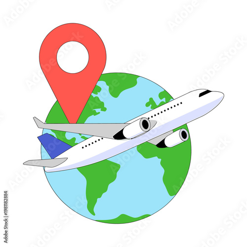 Airplane flying above globe with location pin icon illustration