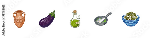 Greek Cuisine and Mediterranean Food Ingredients in Colorful Crayony Pencil Texture Style