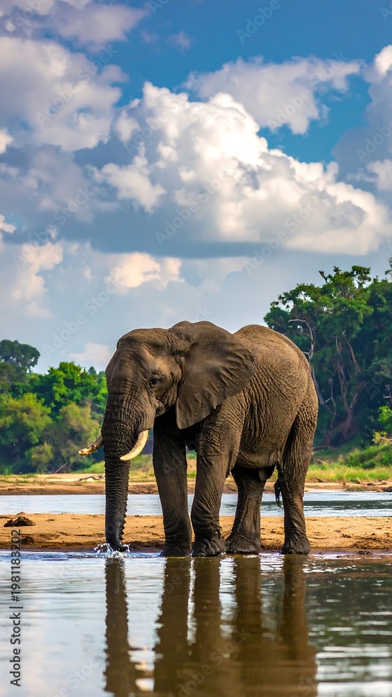 Obraz premium Majestic elephant stands at a river's edge, serene blue sky with fluffy clouds