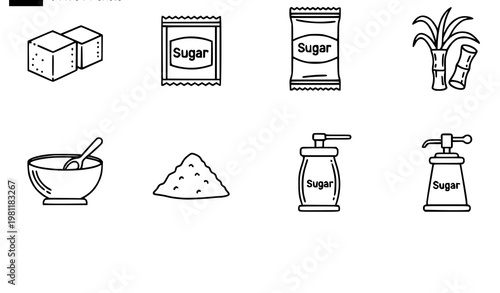 A set of vector icons depicting various sugar related objects and containers