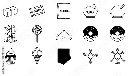 A set of black and white vector icons depicting various sugary foods and symbols
