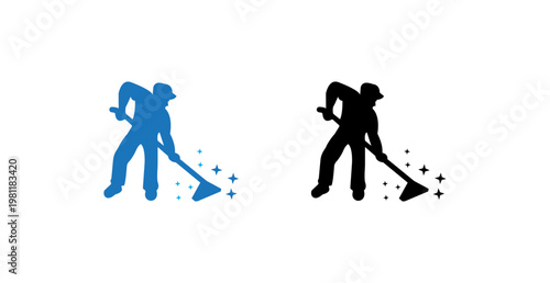 Two janitors cleaning with shovels in blue and black