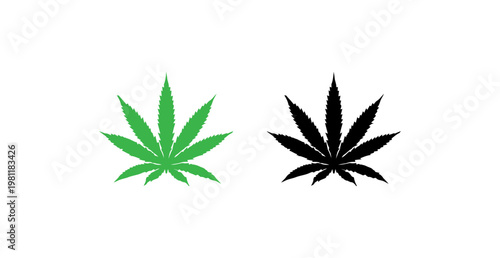A green and black cannabis leaf icon on a white background