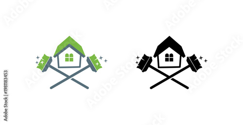 A logo of a house with crossed brooms and mops