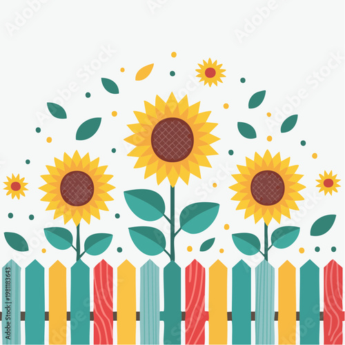Vibrant sunflowers blooming above a colorful picket fence in a sunny garden illustration