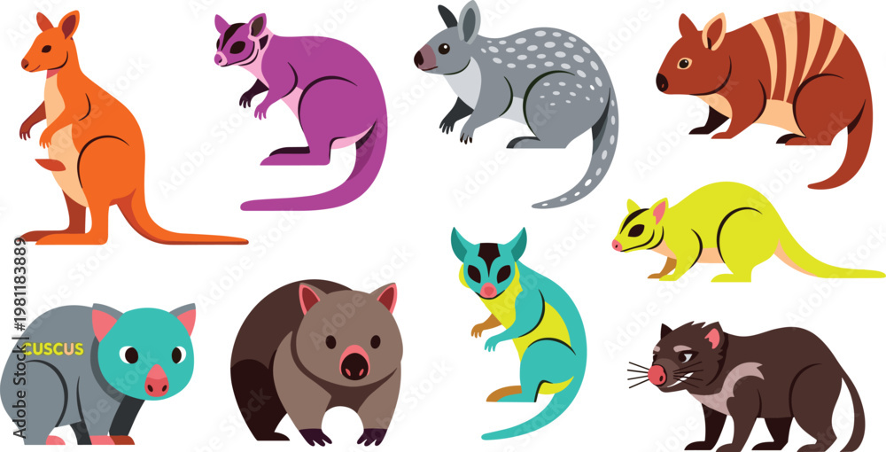 Obraz premium Colorful Marsupial Collection Featuring Kangaroo, Wallaby, Wombat, and Other Australian Animal Species for Digital Art, Illustrations, and Wildlife Projects.