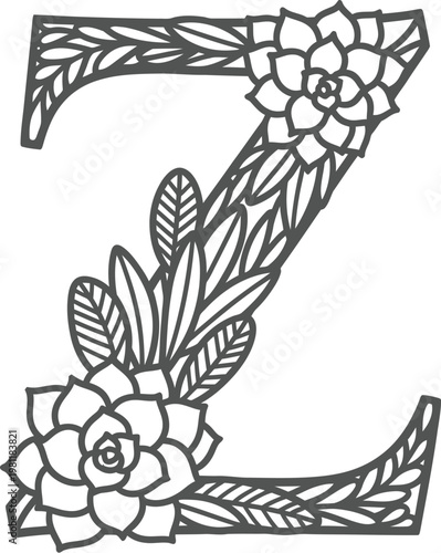 Monogram letter Z with bohemian succulent floral pattern