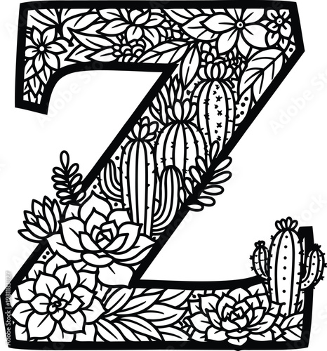 Monogram letter Z with bohemian succulent floral pattern