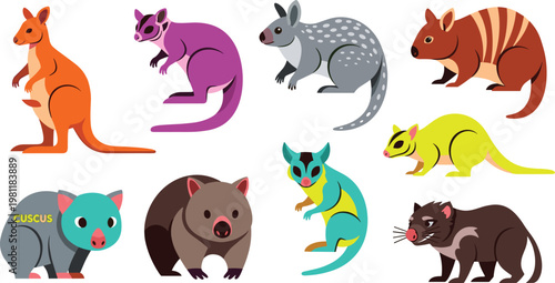 Colorful Marsupial Collection Featuring Kangaroo, Wallaby, Wombat, and Other Australian Animal Species for Digital Art, Illustrations, and Wildlife Projects.