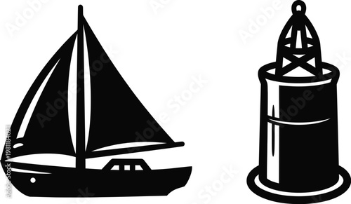 Sailboat and buoy vintage cartography map symbols vector