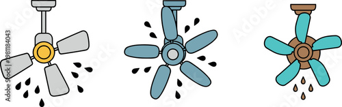 Ceiling Fan Icons with Water Droplets for Cooling Effect IllustrationsCeiling Fan Icons with Water Droplets for Cooling Effect Illustrations