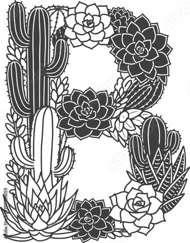 Letter B decorated with succulents and green cactus