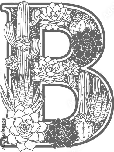 Letter B decorated with succulents and green cactus