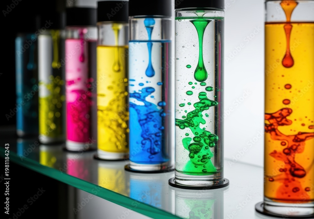 Fototapeta premium Colorful Liquid Blobs Rising Upward in Transparent Glass Tubes Display