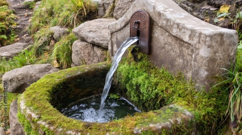 Rustic stone fountain pouring fresh alpine spring water