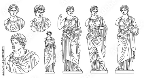Ancient Greek sculpture line art vector set classical man and woman statue illustration