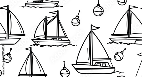 Sailboat and buoy seamless pattern for sustainable textile design