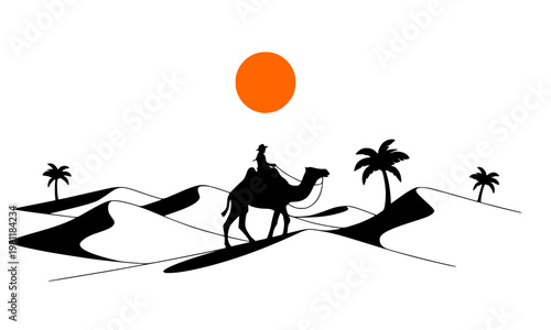 Black Silhouette of Camel Rider Crossing Desert Sand Dunes with Palm Trees and Orange Sun, Arabian Nomad Journey Vector Illustration