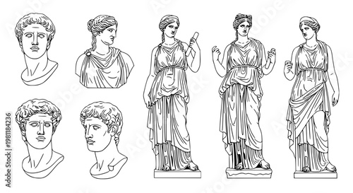Antique Greek statue line art vector set classical sculpture man woman aesthetic illustration