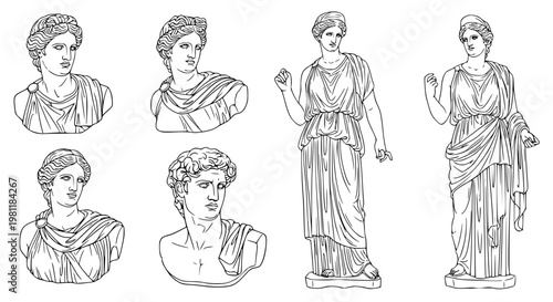 Classical Greek statue line art collection vector antique sculpture man and woman illustration