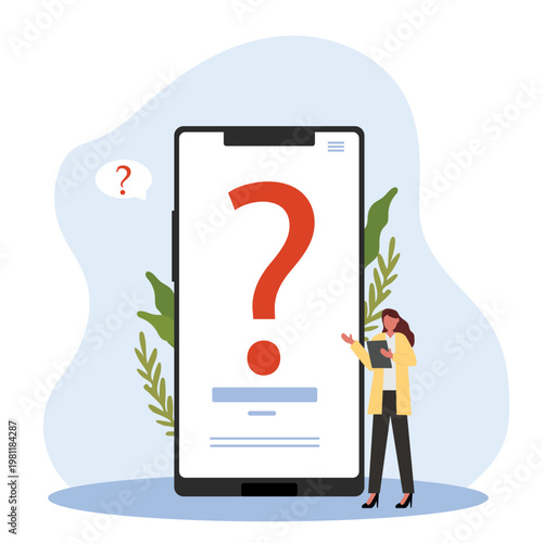 FAQ concept. Woman with question mark on mobile phone screen. Customer support and online help service. Frequently asked questions. Vector illustration