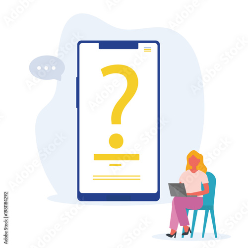 FAQ concept. Woman with question mark on mobile phone screen. Customer support and online help service. Frequently asked questions. Vector illustration