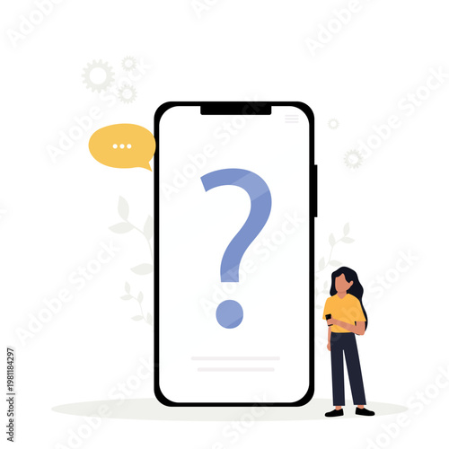 FAQ concept. Woman with question mark on mobile phone screen. Customer support and online help service. Frequently asked questions. Vector illustration