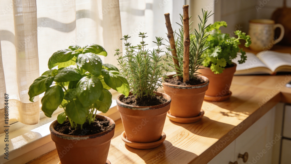 Fototapeta premium Herb garden on kitchen windowsill with natural light, potted basil and fresh herbs in terracotta pots