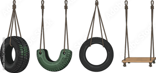 Various Swing Designs Including Tire and Wooden Swings for Playground, Outdoor Play, and Kids Activity Illustrations