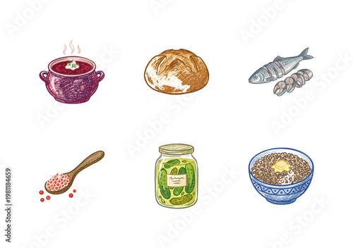 Traditional Russian Cuisine and Slavic Food Elements with Inky Brush Strokes and Crayon Colorful Style