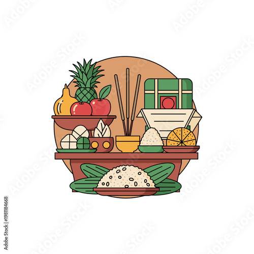 Traditional ceremonial offering arrangement with fruits, rice, incense and gifts on tiered stand, Southeast Asian cultural ritual illustration