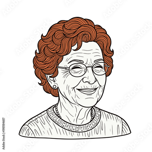 Elderly woman portrait illustration, senior lady with curly hair and glasses, friendly grandmother character sketch
