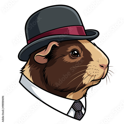 Guinea pig in a dapper outfit wearing a hat and tie
