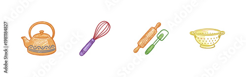 Kitchen Utensils and Botanical Herbs Culinary Set with Fluid Crayon Pencil Texture and Colorful Crayony Aesthetic for Cooking Classes Branding