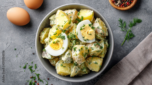 Delicious potato salad with egg and herbs in bowl on gray table
